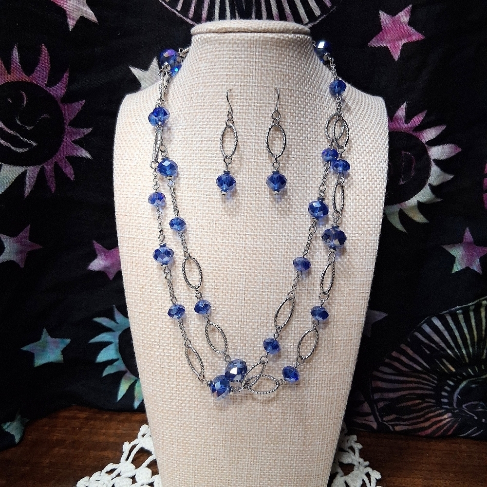 Cobalt Blue Beaded Necklace And Earrings Set Silver Loops Long Doubled Up